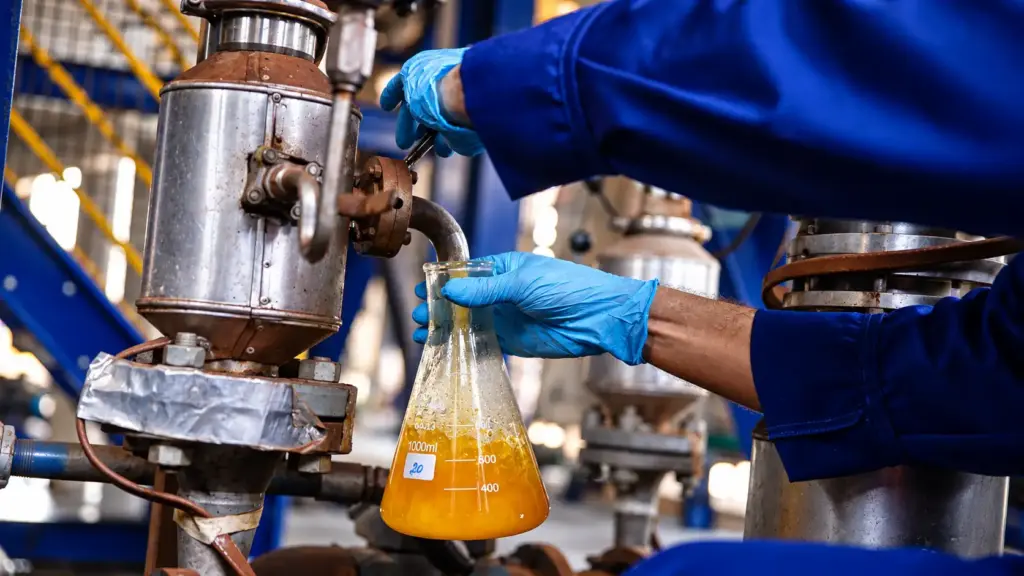 Día Nacional de la Ganadería — una técnica de laboratorio con guantes azules y bata observa y manipula un equipo de metal mientras transfiere un líquido amarillo a un vaso de precipitados, en un entorno industrial con otro material de vidrio al fondo.