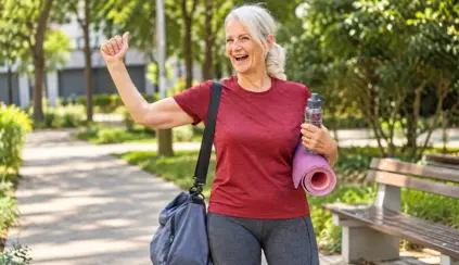 Mujer mayor sonriente en un parque, realizando estiramientos sobre una esterilla de yoga y sosteniendo una botella de agua, en el marco de una propuesta de alimentación para un envejecimiento saludable.