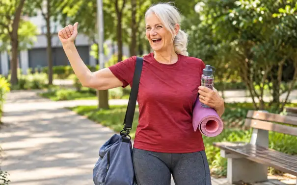 Mujer mayor sonriente en un parque, realizando estiramientos sobre una esterilla de yoga y sosteniendo una botella de agua, en el marco de una propuesta de alimentación para un envejecimiento saludable.