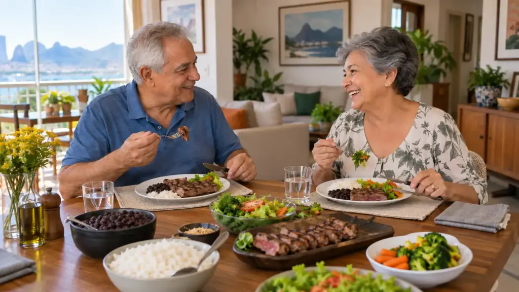 Pareja de ancianos sonriendo a la mesa durante una comida, rodeados de platos variados y ensaladas, en un entorno doméstico; alimentación para un envejecimiento saludable
