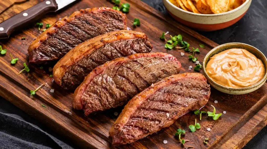 Picanha preparada en barril al estilo rosbif a la parrilla, con una costra dorada y especias; se sirve sobre una tabla de madera con una salsa cremosa y se termina con brotes y hierbas frescas.