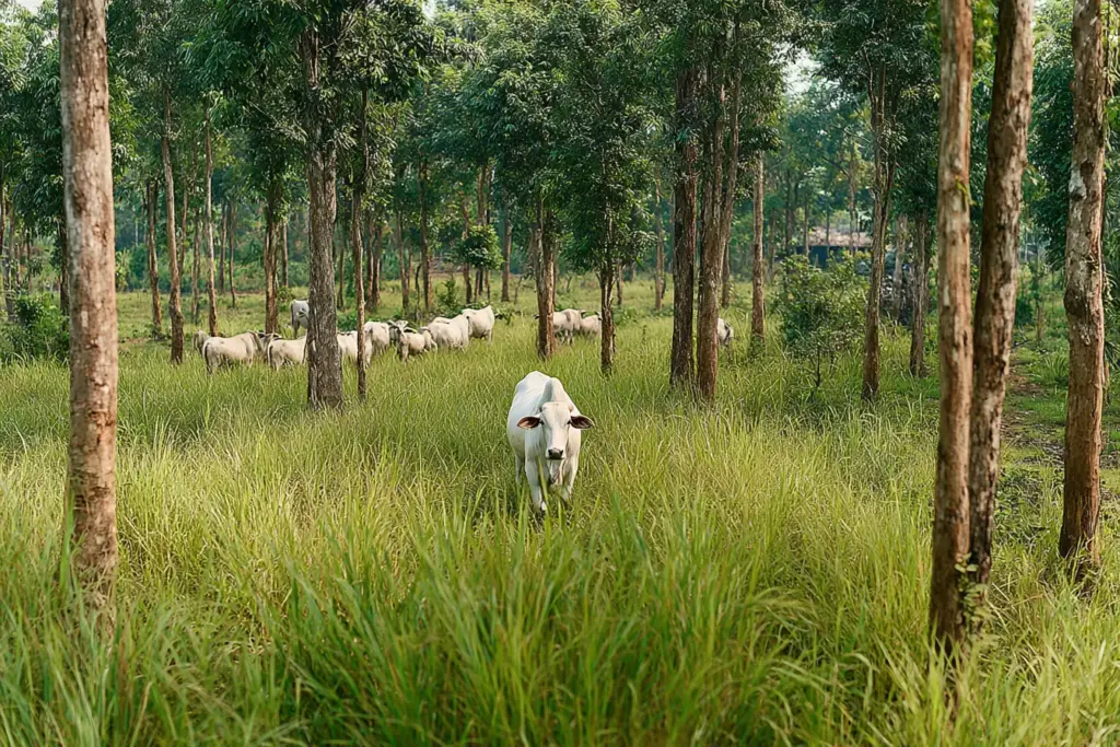 Imagem de uma área de pastagem com árvores e gado, destacando o Efeito Poupa-Terra na preservação ambiental e na sustentabilidade do solo.