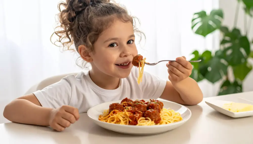 Uma menina de aproximadamente 7 anos comendo um prato de espaguete com almôndegas ao molho, e expressão feliz.