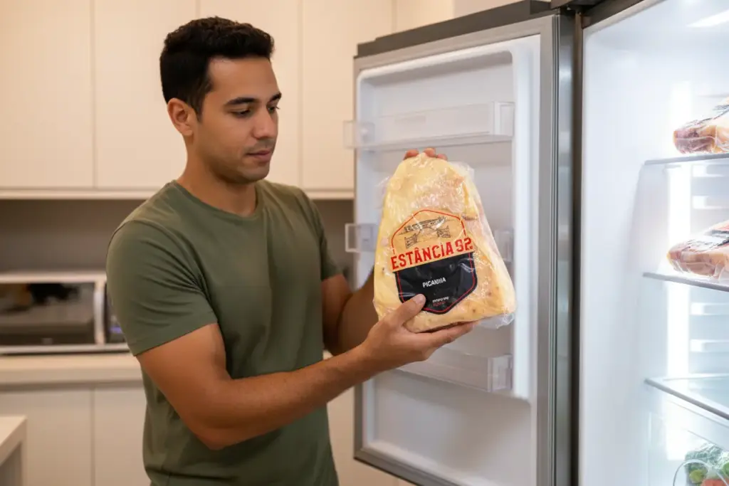 Homem armazenando alimentos adequadamente na geladeira para manter a conservação