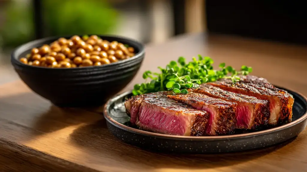 Um bife suculento de carne bovina fatiado e em um prato ao lado de um bowl de sementes de soja. Trazendo o paralelo entre proteína de origem vegetal e animal.