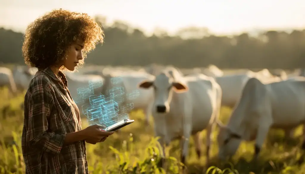 Jovem usando tecnologia blockchain para garantir transparência e integridade na gestão de fazenda ao lado de gados da raça Nelore ao ar livre