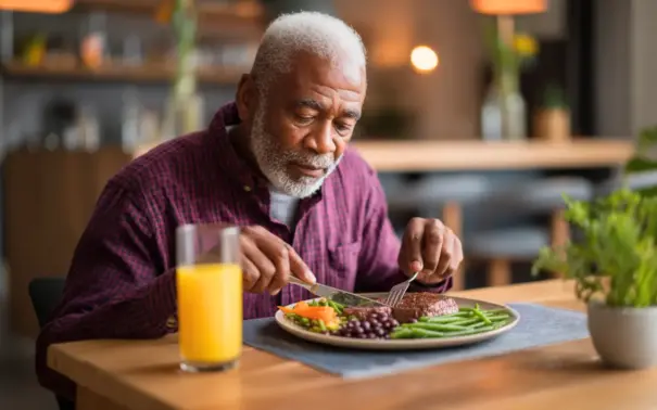 Homem idoso com cabelo branco, usando camisa roxa, come uma refeição balanceada com carne bovina, feijão e legumes, também com um copo de suco de laranja ao lado do prato, destacando a importância da vitamina B2 na alimentação, que o corpo não produz naturalmente, mas é encontrada na carne bovina.