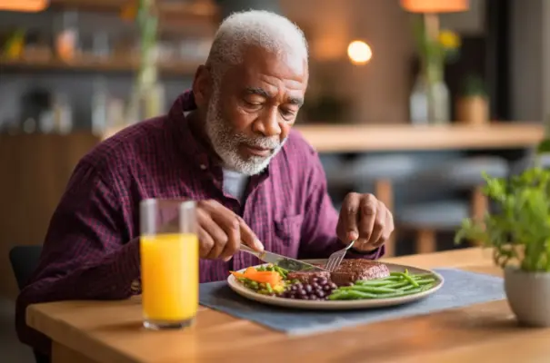 Homem idoso com cabelo branco, usando camisa roxa, come uma refeição balanceada com carne bovina, feijão e legumes, também com um copo de suco de laranja ao lado do prato, destacando a importância da vitamina B2 na alimentação, que o corpo não produz naturalmente, mas é encontrada na carne bovina.