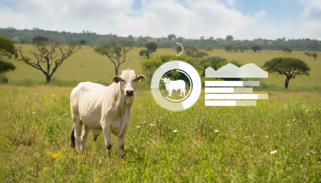 Monitoramento satelital de uma fazenda com gado bovino, destacando a rastreabilidade da carne bovina através de georreferenciamento e tecnologia de satélite.