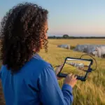 Produtora rural usando drone para monitorar a fazenda de gado e agricultura, tecnologia no campo para otimizar a produção rural.