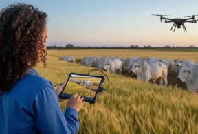 Produtora rural usando drone para monitorar a fazenda de gado e agricultura, tecnologia no campo para otimizar a produção rural.