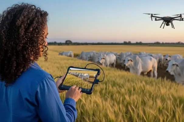 Produtora rural usando drone para monitorar a fazenda de gado e agricultura, tecnologia no campo para otimizar a produção rural.