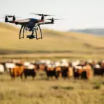 Drones sobrevoando uma fazenda com gado no Brasil, representando soluções sustentáveis para o agronegócio na COP30.