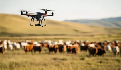 Drones sobrevoando uma fazenda com gado no Brasil, representando soluções sustentáveis para o agronegócio na COP30.