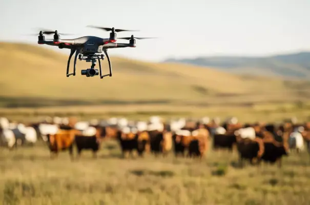 Drones sobrevoando uma fazenda com gado no Brasil, representando soluções sustentáveis para o agronegócio na COP30.