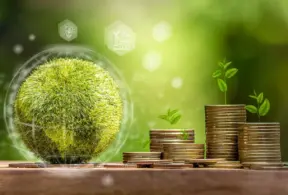 Moedas de dinheiro com pequenas plantas crescendo, simbolizando o uso de créditos de carbono para sustentabilidade e economia verde.