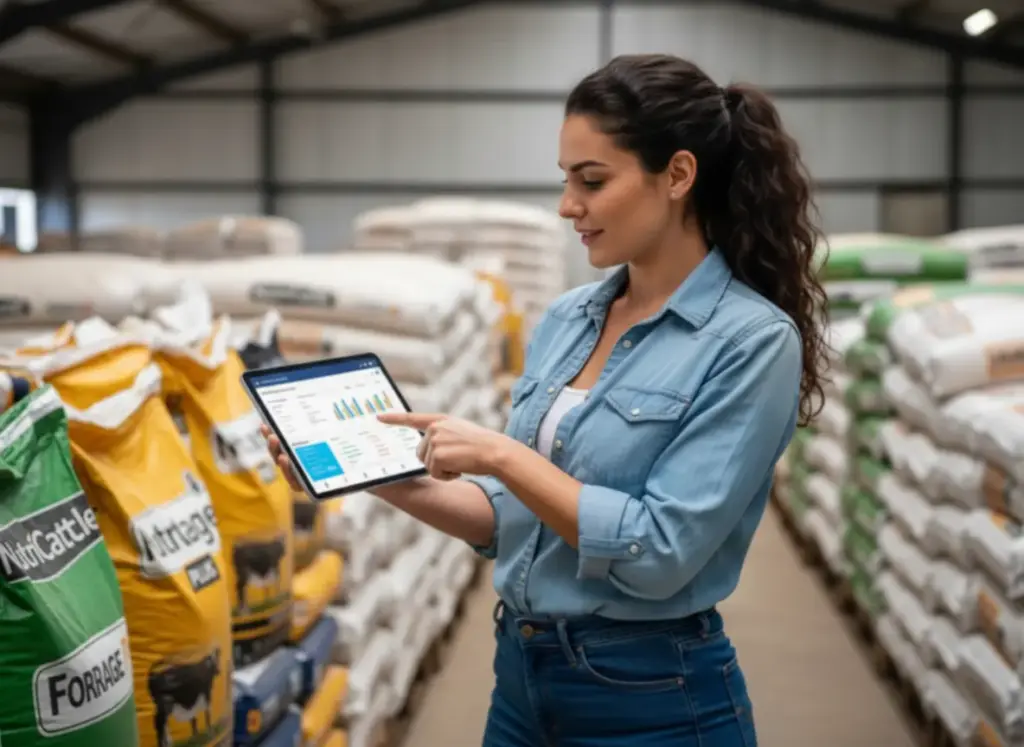 Mulher usando tablet em estoque de alimentos para monitorar rastreabilidade de origem de produtos com tecnologia blockchain e QR Code para fortalecer a confiança do consumidor.