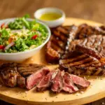 proteína bovina grelhada, acompanhado de uma salada verde fresca e molho