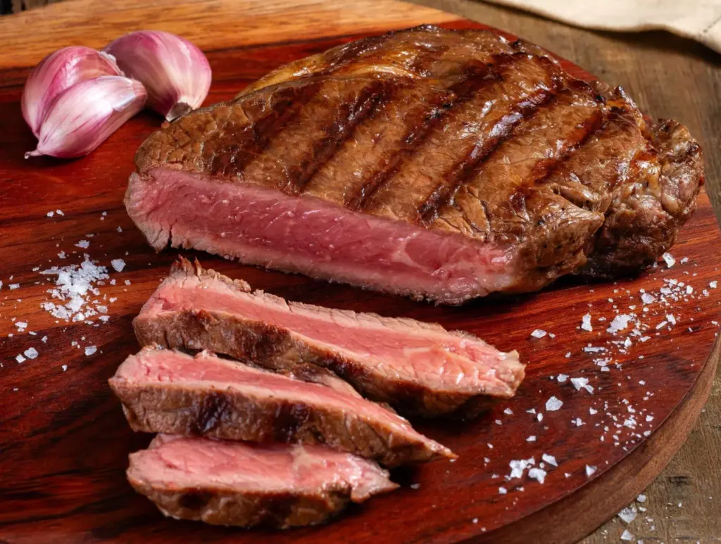 Grilled filet mignon sliced and served with coarse salt and two cloves of garlic on the side, on a wooden board, ideal for barbecue.