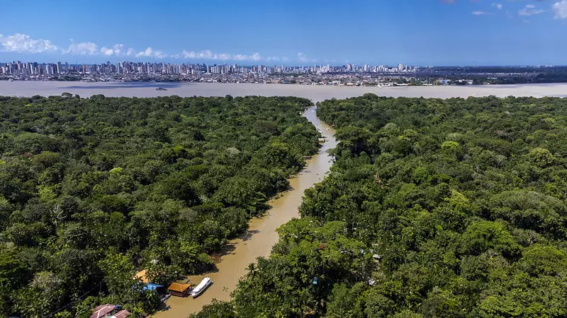 A dense forest along a river that runs through an urban area with many buildings in the background, highlighting nature and urban growth in Brazil.