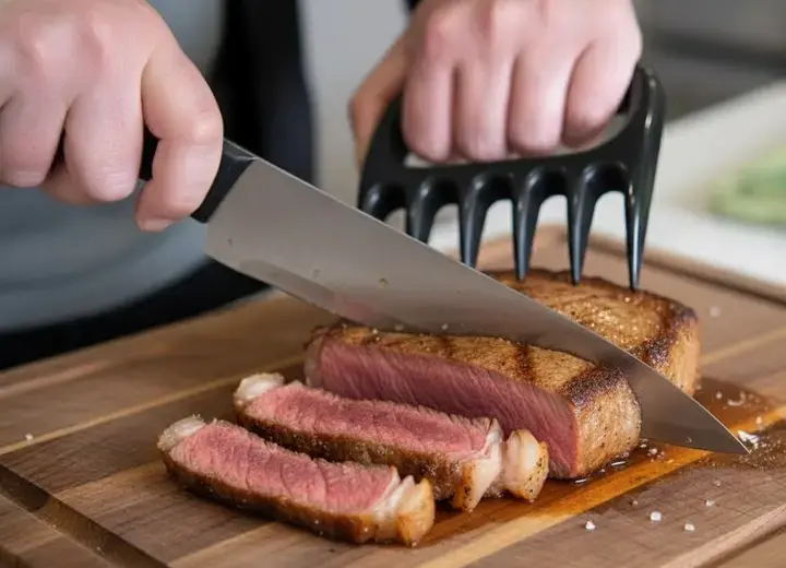 Person cutting a medium-cooked steak on a wooden board using a large knife and a fork to hold the meat. Focus on the juicy, well-prepared meat.