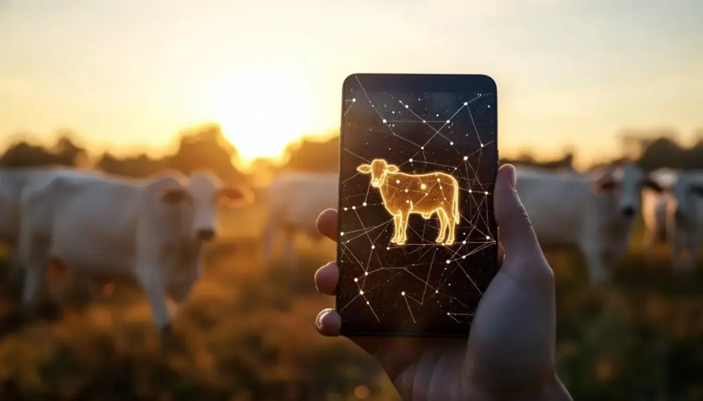 Demonstração de tokenização bovina com uma imagem de uma vaca digitalizada na tela de um smartphone ao pôr do sol, destacando a inovação em tecnologia de criptoativos e blockchain no setor agropecuário.
