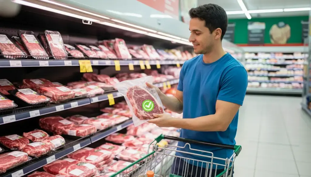 Homem feliz comprando carne certificada no supermercado, destacando a importância de produtos de origem confiável para a saúde e qualidade de vida.