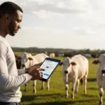 Homem usando tecnologia blockchain para gestão de pecuária com gado ao fundo