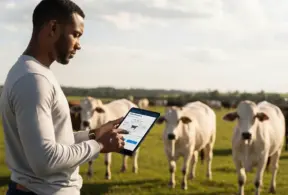 Homem usando tecnologia blockchain para gestão de pecuária com gado ao fundo