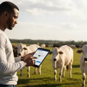 Homem usando tecnologia blockchain para gestão de pecuária com gado ao fundo