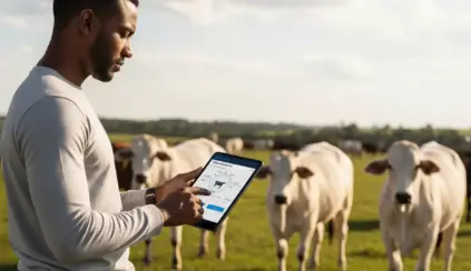 Homem usando tecnologia blockchain para gestão de pecuária com gado ao fundo