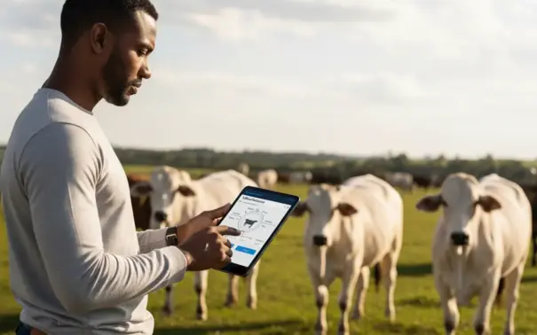 Homem usando tecnologia blockchain para gestão de pecuária com gado ao fundo
