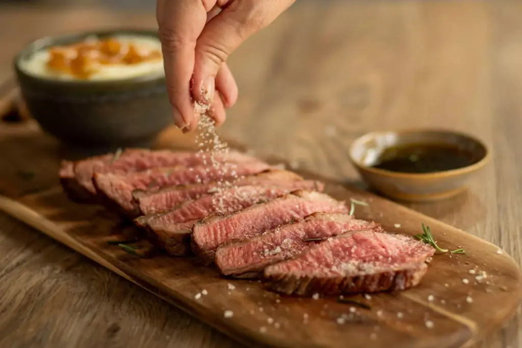 A juicy steak being seasoned with salt on a cutting board, alongside sauces and accompaniments, ideal for barbecue or lunch.
