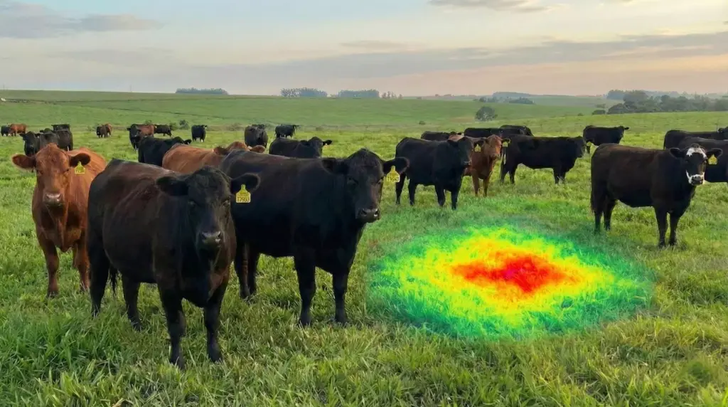 Pastando em um campo verde sob um céu com nuvens, com uma área de calor destacada na grama, ilustrando a aplicação de mapeamento térmico para monitoramento de saúde animal