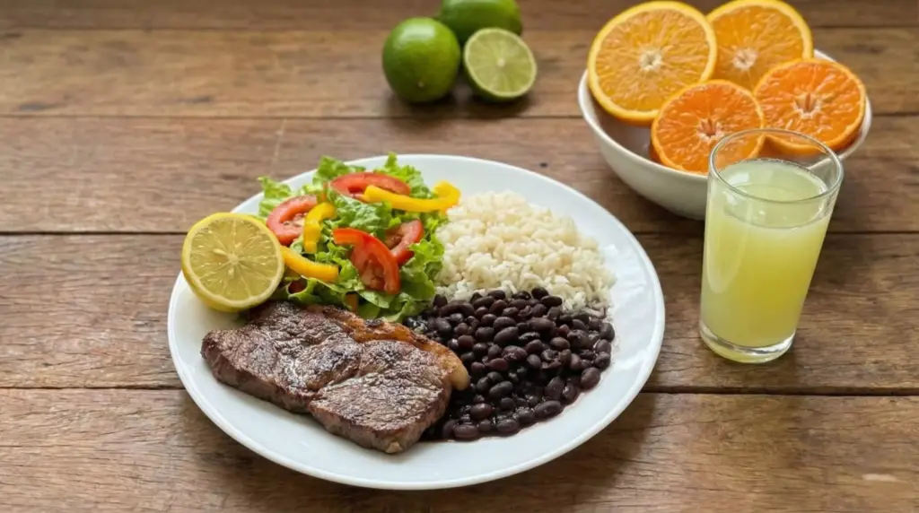 Prato com carne bovina, arroz, feijão preto, salada com tomate, pimentão e alface, limão, laranja, e um copo de suco de limão, ideal para turbinar a absorção de ferro.