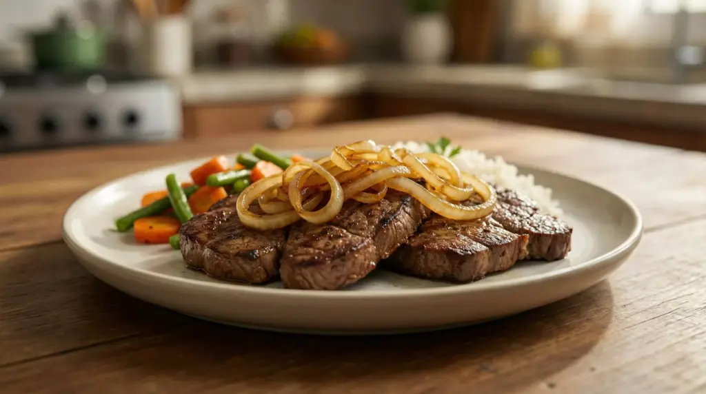 Porção de carne bovina grelhada com legumes variados ao lado, destacando a densidade nutricional em pequenas porções para uma alimentação saudável.