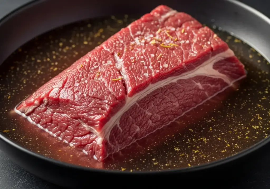 Meat submerged in a liquid brine in a black pot, with spices and lemon, ideal for preparing juicy and flavorful meats.