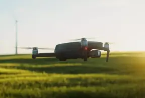 Drone sobrevoando campo de pastagem com gado, mostrando a aplicação de tecnologia na gestão de lavouras para otimizar a produção e monitorar a saúde do ecossistema.
