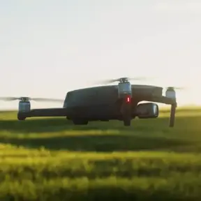 Drone sobrevoando campo de pastagem com gado, mostrando a aplicação de tecnologia na gestão de lavouras para otimizar a produção e monitorar a saúde do ecossistema.