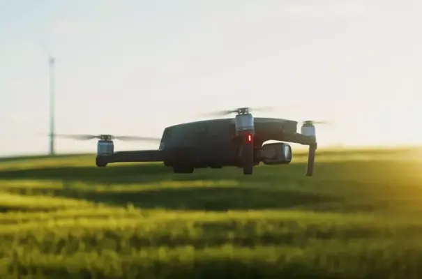 Drone sobrevoando campo de pastagem com gado, mostrando a aplicação de tecnologia na gestão de lavouras para otimizar a produção e monitorar a saúde do ecossistema.