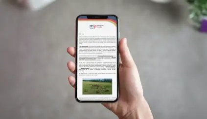 Pessoa segurando um smartphone exibindo uma newsletter da My Minerva Foods.