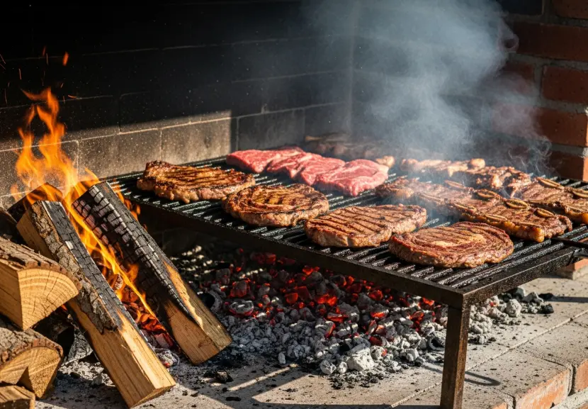 Churrasco de carne assando na parrilla tradicional da Argentina ou Uruguai, com carvão e madeira, ideal para churrascos típicos do sul da América do Sul.