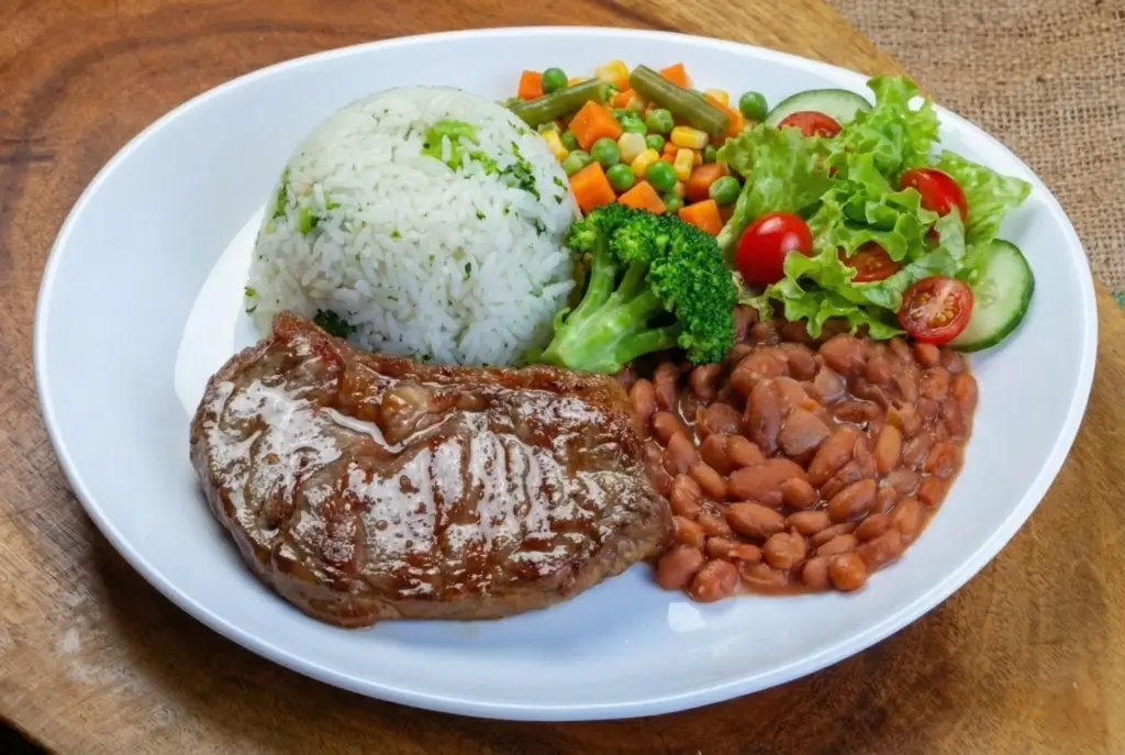 Prato completo com carne bovina, arroz, feijão, salada e vegetais variados, excelente para uma refeição balanceada rica em nutrientes essenciais.