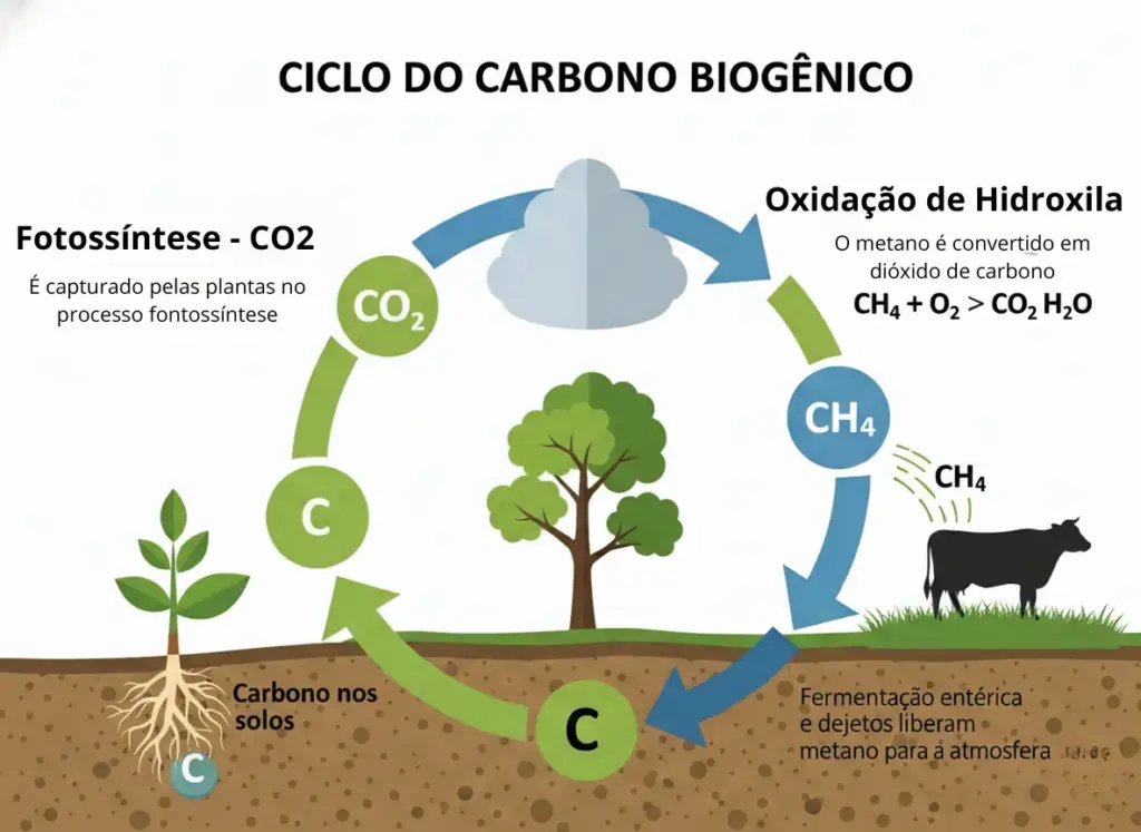 Infográfico ilustrando o ciclo do carbono biogênico, destacando a fotossíntese, oxidação de hidroxiila, fermentação entérica, e sua captura de CO2 pelas plantas.