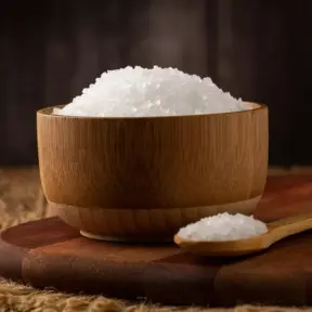 Tigela de madeira sobre uma tábua, com uma colher ao lado, ideal para usos culinários