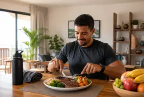 creatina natural presente na carne bovina em destaque: homem em casa prepara refeição com carne e legumes