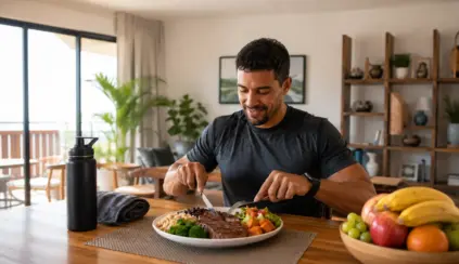 creatina natural presente na carne bovina em destaque: homem em casa prepara refeição com carne e legumes