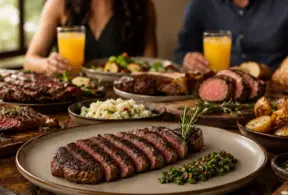 Mesa de jantar com churrasco em travessas e prato principal com fatias de carne grelhada, acompanhado de arroz, salada e batatas assadas, com sucos ao fundo. Demonstrando biodisponibilidade dos nutrientes da carne