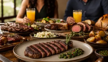 Mesa de jantar com churrasco em travessas e prato principal com fatias de carne grelhada, acompanhado de arroz, salada e batatas assadas, com sucos ao fundo. Demonstrando biodisponibilidade dos nutrientes da carne