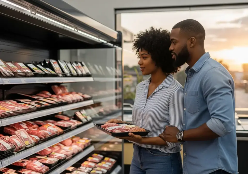 Casal fazendo compras de carne na seção de supermercadista, destacando uma escolha consciente de produtos frescos e de qualidade para uma alimentação saudável.